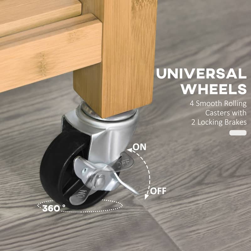 HOMCOM Bamboo Rolling Kitchen Island Trolley Utility Cart with Rolling Wheels, 2 Storage Drawers & Adjustable Shelving