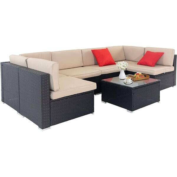 Outdoor 7piece Patio Furniture Black Wicker Rattan Sectional Sofa Set