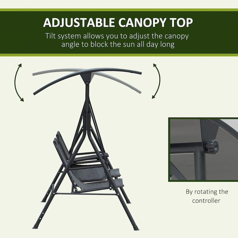 Steel 2-Seat Patio Swing with Canopy, Cup Holders and Storage Table (528lb Capacity)
