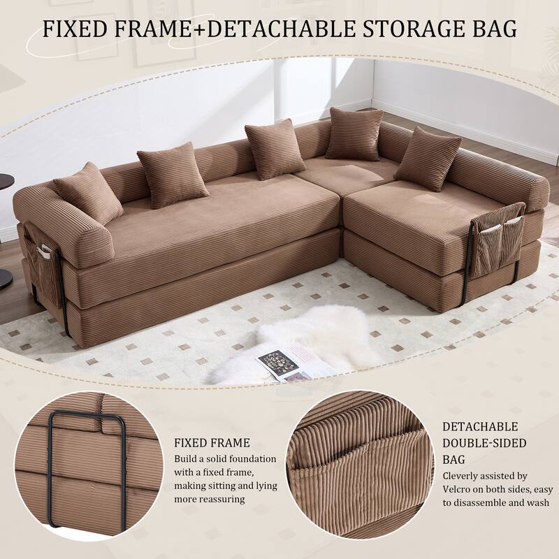 HOMEFUN Corduroy Upholstered Convertible Folding Sofa Bed with Fixed Frame and Pillow Back Handrail