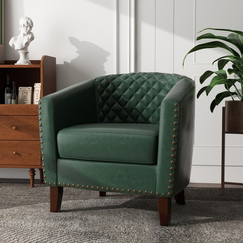 UIXE Mid-Century Leather Barrel Accent Chair With Nailheads Trim - 29" W