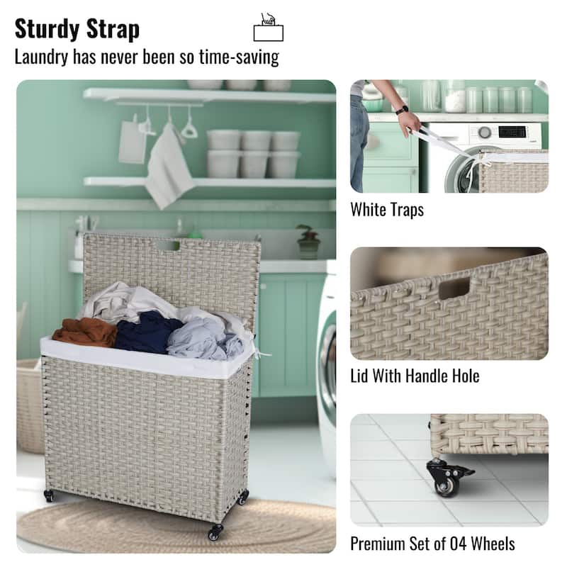 PE Rattan Laundry Hamper With Lid, Portable 160L Clothes Hampers with Wheels and 2 Removable Bags