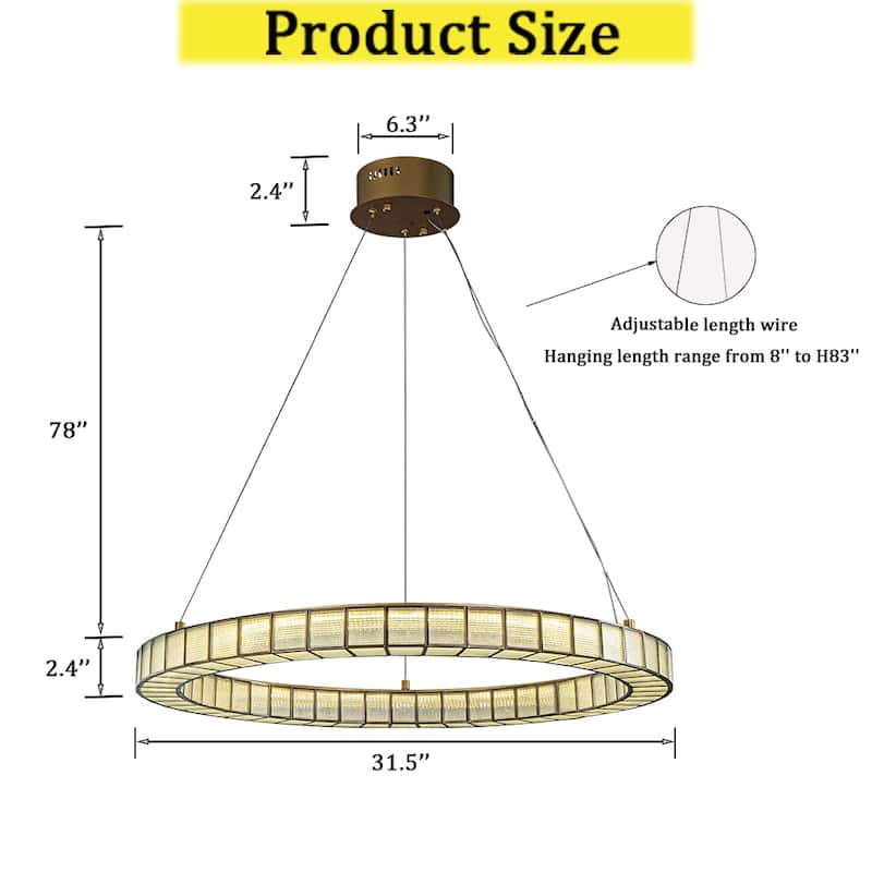 CraftHome 32'' Brass Modern Halo Round Art Glass Integrated Led Chandelier Art Deco Led Ceiling Light For Dining Room - W32''