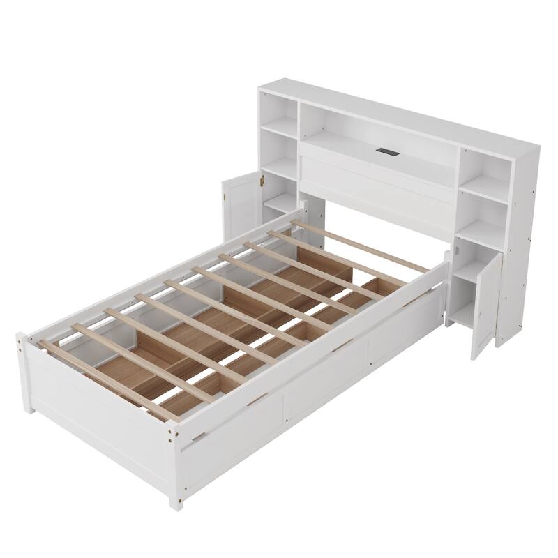 Twin/Full Size Wooden Storage Bed Frame with Bookcase Headboard and Charging Station, Platform Bed with 6 Drawers