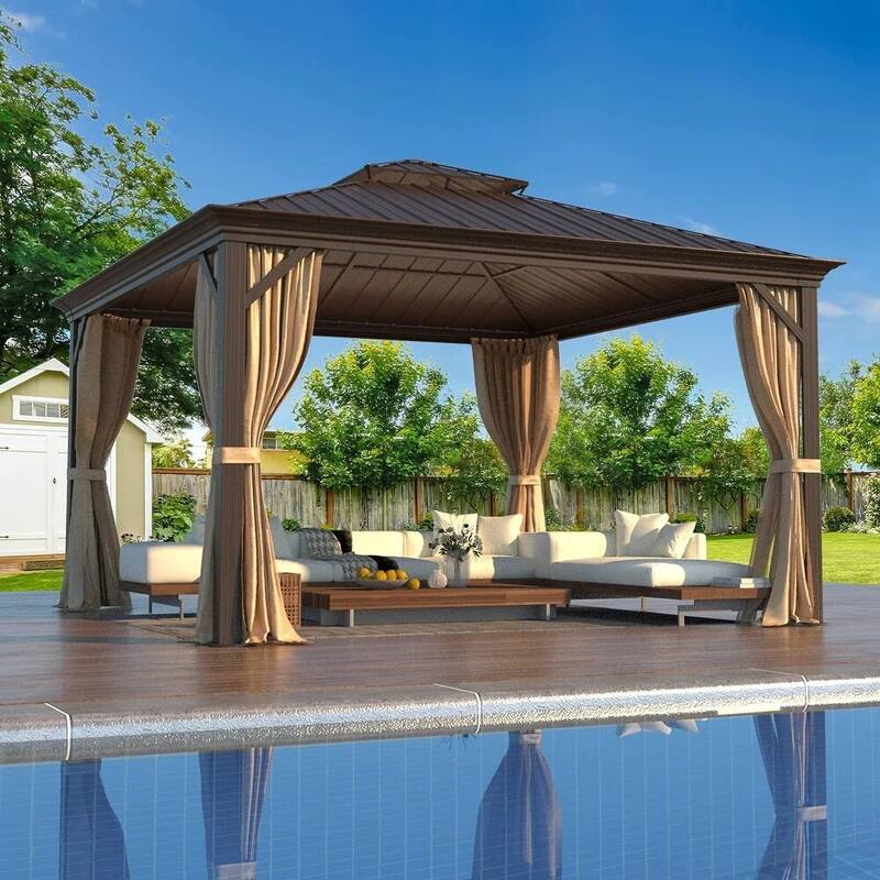 Outdoor Pro Series Galvanized Steel Hardtop Patio Gazebo Pergola w/Aluminum Frame, Prime Curtains and nettings include
