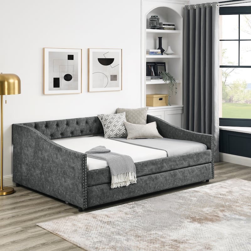Full Size Daybed with Twin Size Trundle Upholstered Tufted Sofa Bed, with Button on Back and Copper Nail
