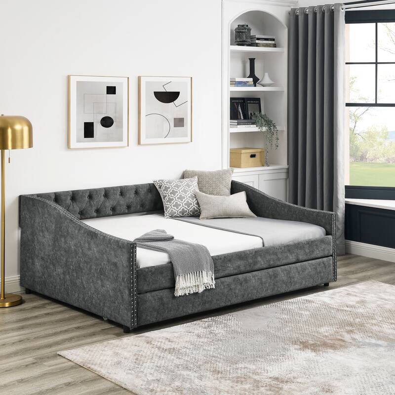 Roomfitters Twin/Full Upholstered Daybed with Twin Trundle, Tufted Backrest and Nailhead Trim, Elegant Waved Arms - Grey - Full