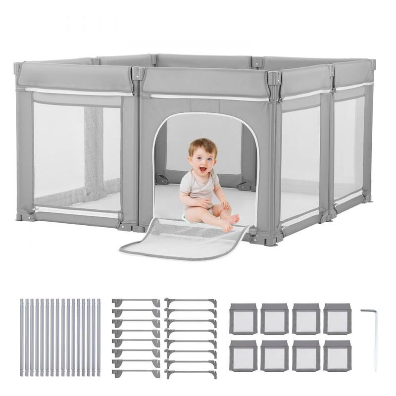 Portable Grey Baby Playpen with Breathable Mesh and Iron Tubes Safe and Stable Toddler Fence - 81.5” x 72.83” x 27.36”