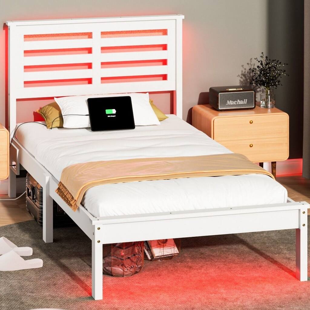 Twin Wood Bed Frame with Charging Station, Lighted Platform Bed, White