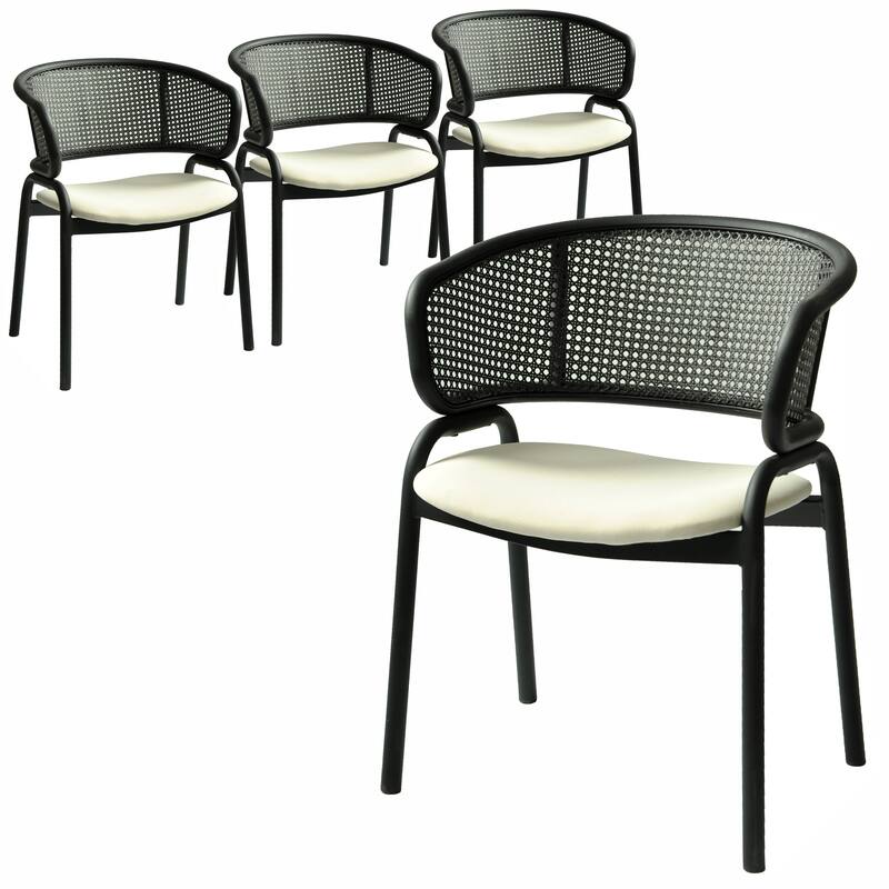 Ervilla Modern Upholstered Accent Side Chair with Wicker Back and Black Iron Legs for Dining Room & Kitchen, Set of 4 - Beige