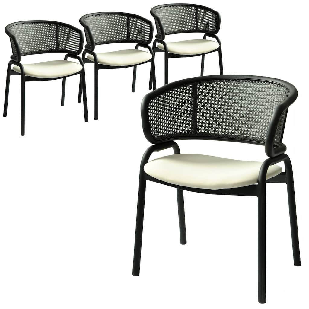 Ervilla Modern Upholstered Accent Side Chair with Wicker Back and Black Iron Legs for Dining Room & Kitchen, Set of 4