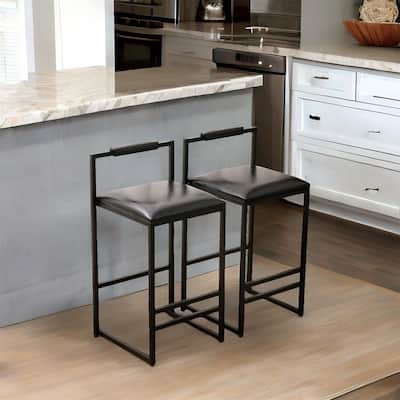 Black Counter Height PU Leather Bar Stool with Footrest (Set of 2)