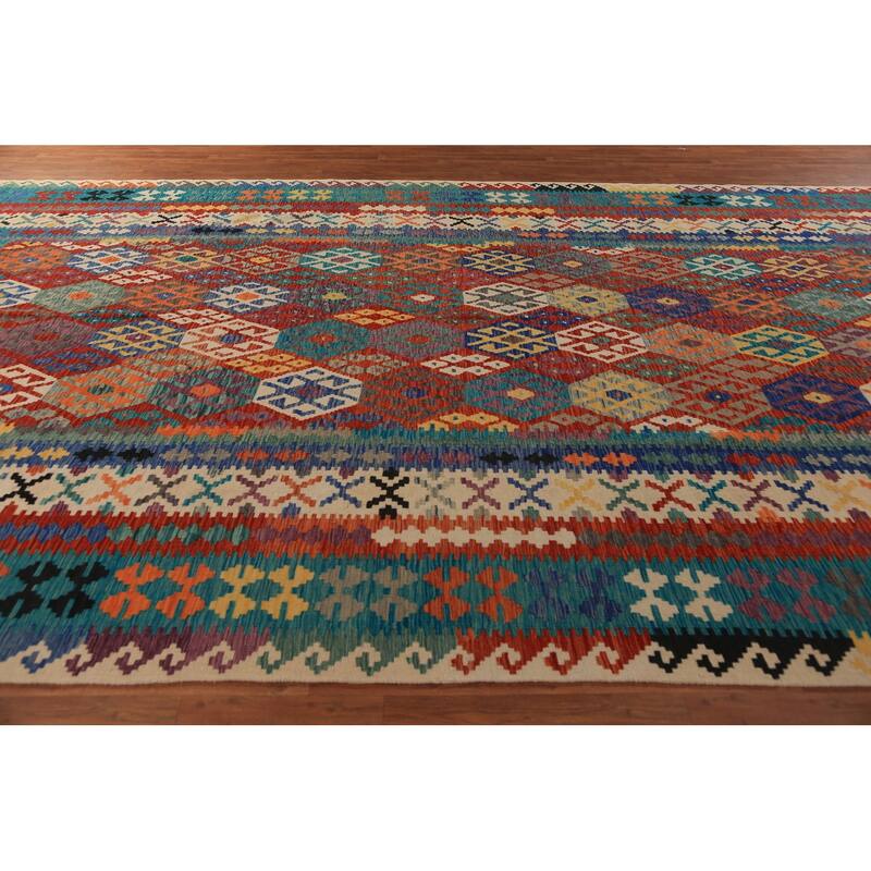 All-Over Geometric Kilim Oriental Large Rug Hand-Woven Wool Carpet - 10'6"x 16'3"
