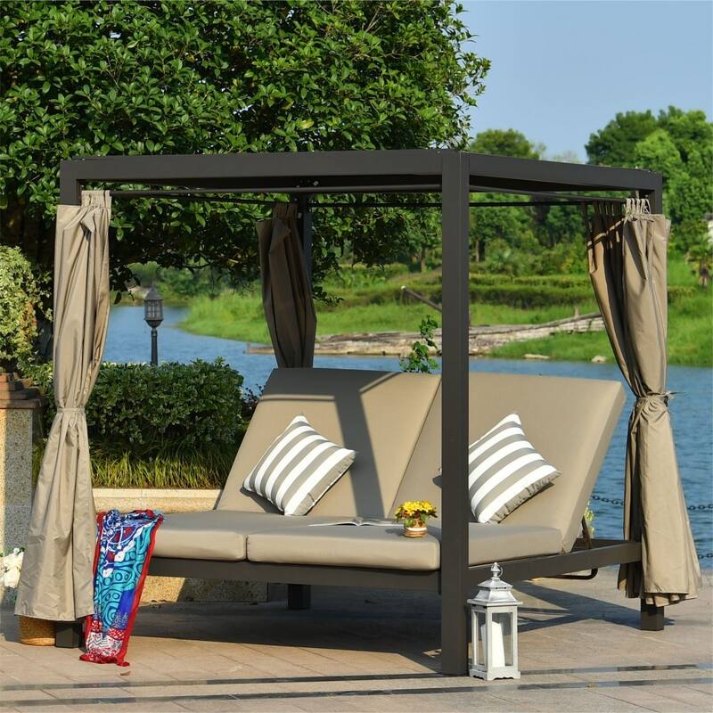 Outdoor Adjustable Daybed Canopy Patio Lounge Set with Cushions and Rain Cover - Beige