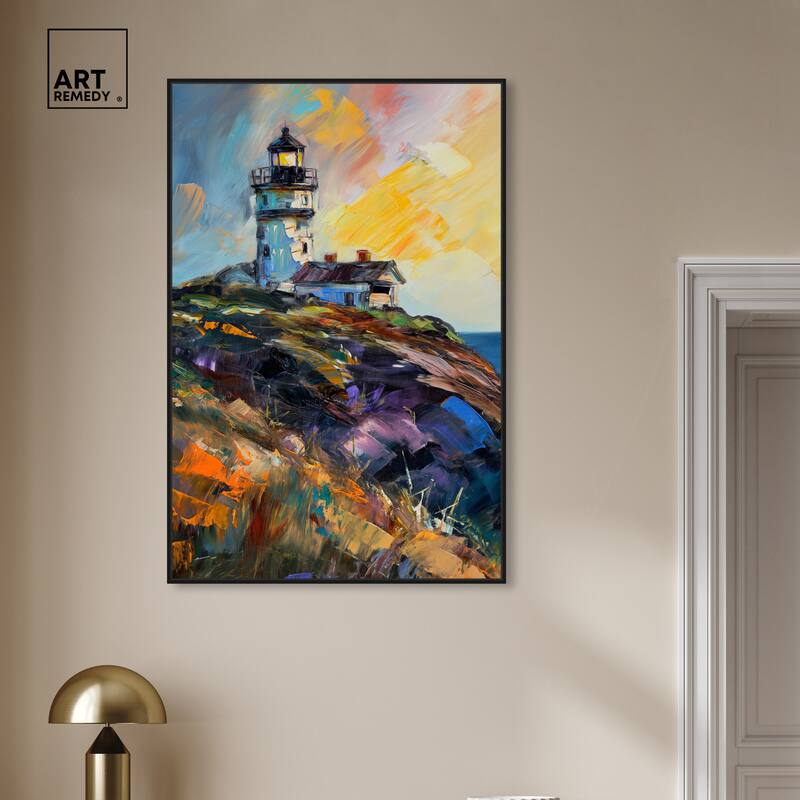 Art Remedy Colorful Lighthouse Framed Impressionism 1 Piece Canvas Wall Art /Monet And Van Gogh Inspired Art