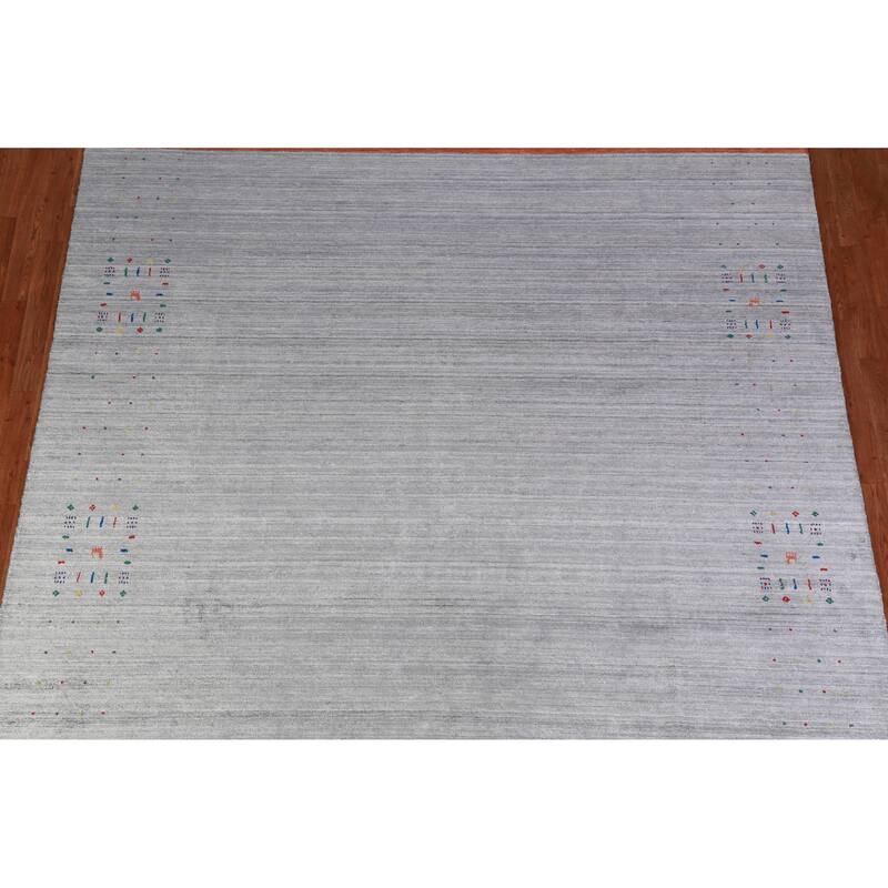 Hand Knotted Oriental Viscose Silk Carpet Tribal Stripe Greys & Charcoal Gabbeh Area Rug - 10' 0'' X 8' 4''