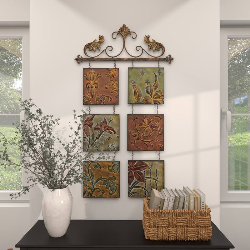 Multi Colored Metal Embossed Floral Home Wall Decor with 6 Suspended Panels and Scroll Details