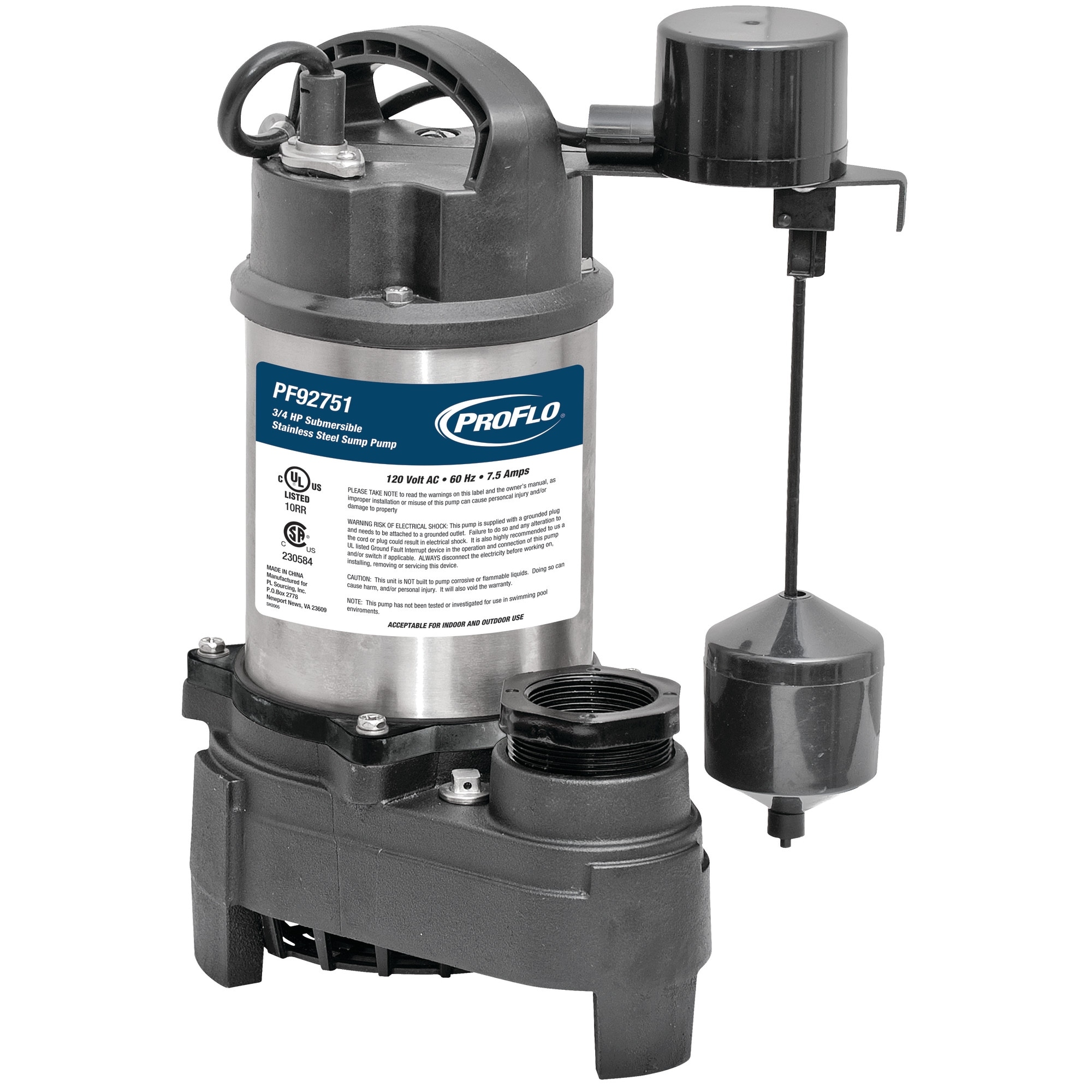 PROFLO PF92751 3/4 HP Stainless / Cast Iron Sump Pump