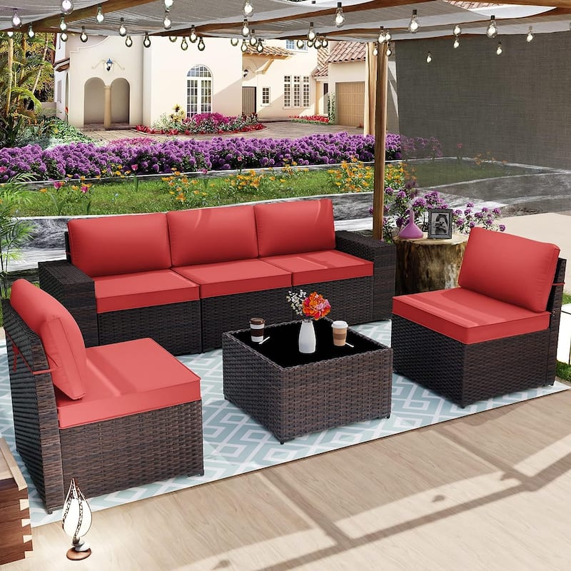 Delnavik Patio Furniture Set Sofa 6-Piece Wicker Sectional Sofa Set, Outdoor Furniture Rattan Patio Sofa Conversation Set