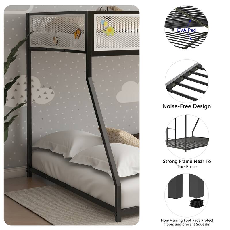 Twin Full Bunk Bed Metal w/Mesh Guard Rail for Kids&Adult,Low Profile