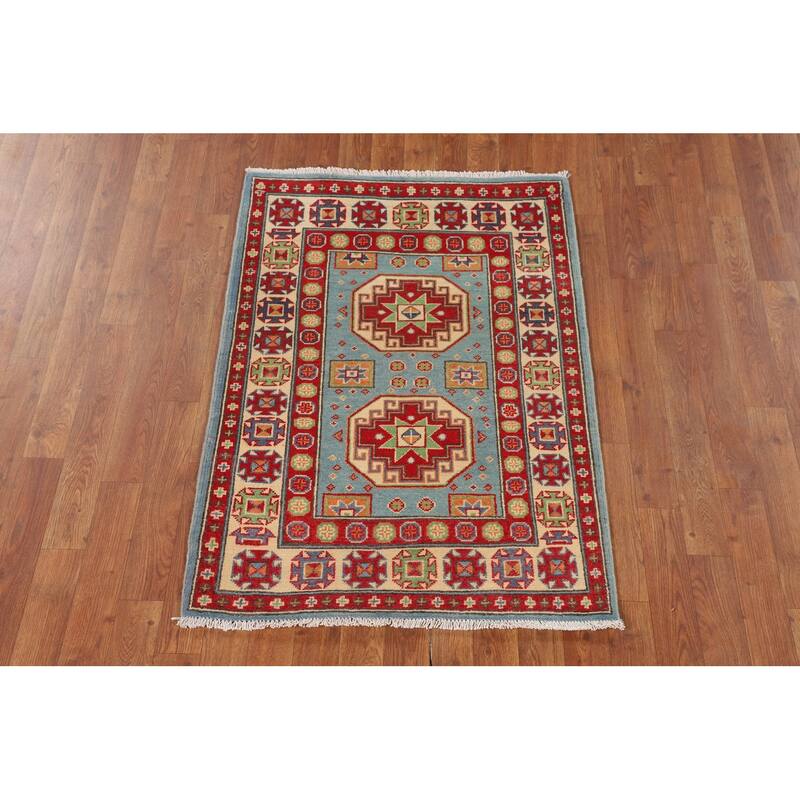 Light Blue Geometric Kazak Accent Rug Handmade Wool Carpet - 2'8" x 3'10"
