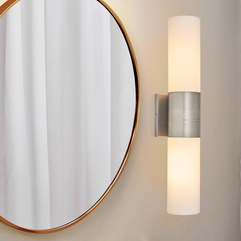 Cylinder Bathroom Light with 2 White Glass Shade and Gold Finish - Brush Nickel