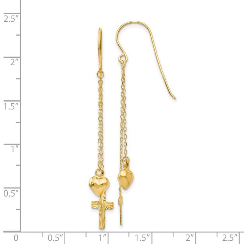 Curata 14k Yellow Gold 51x8mm Puffed Heart Cross Ropa Chain Earrings
