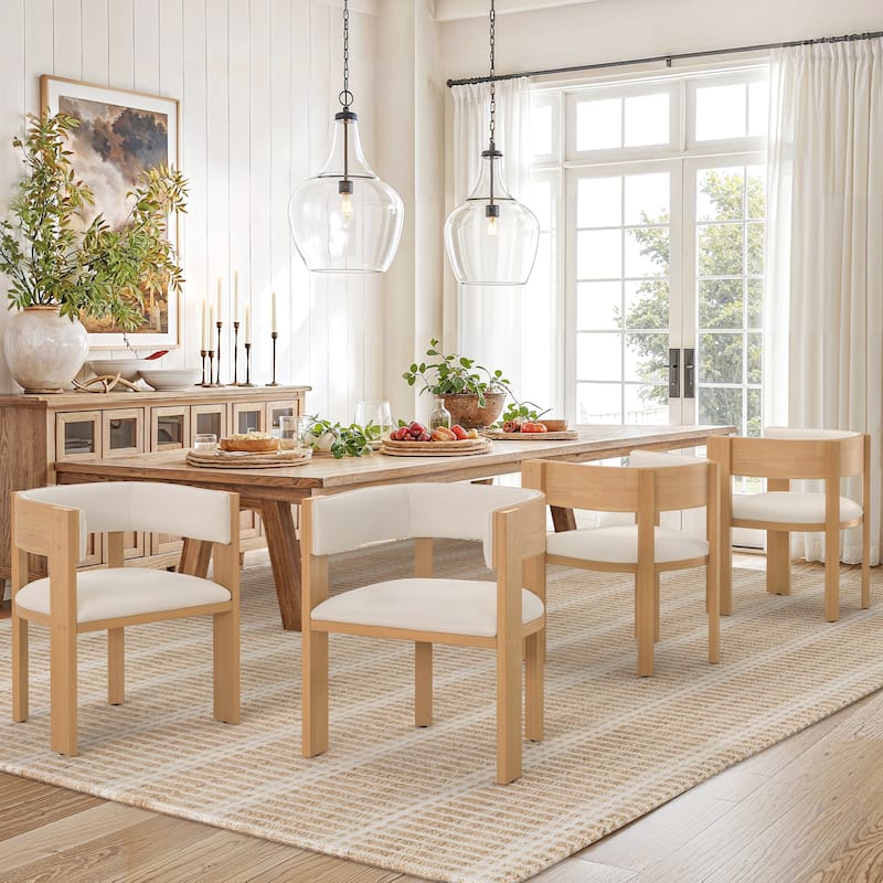 Modern Wooden Dining Chairs Set of 2/4/6 Upholstered Round Dining Chairs Kitchen and Dining Room Chairs with Arm and Backrest - Set of 4 - Champagne/Chenille