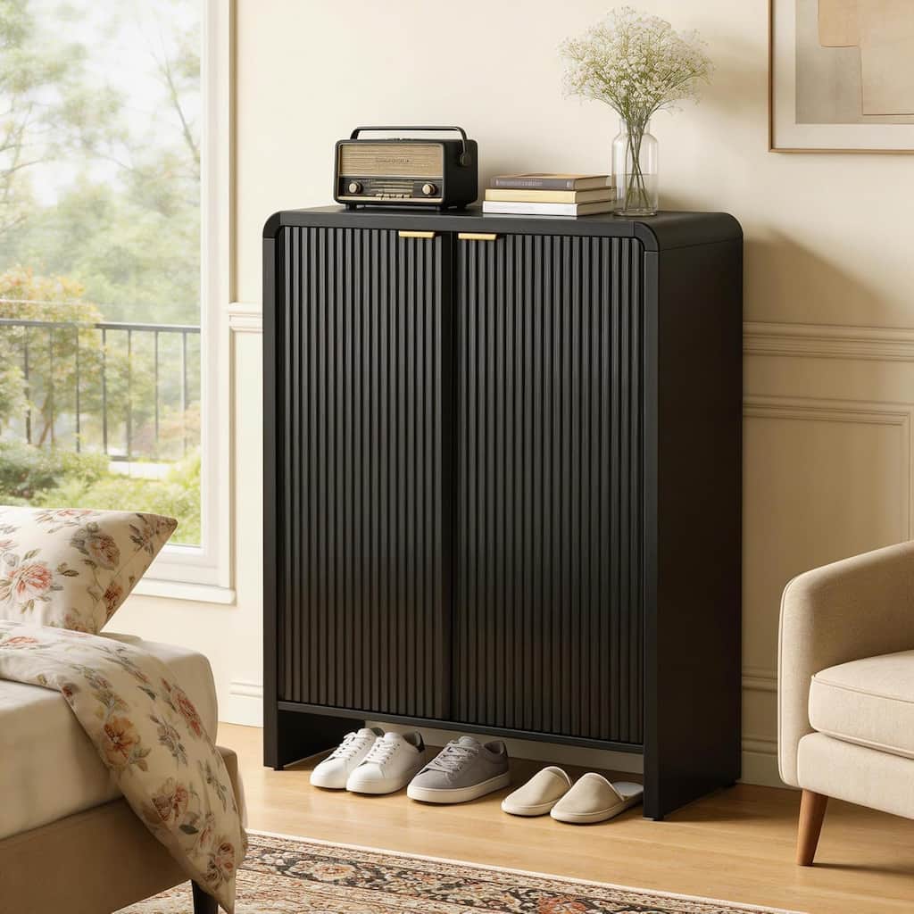 Black Shoe Cabinet, 25 Pairs Entryway Shoe Storage Cabinet with 6-Tier Shelves for Hallway