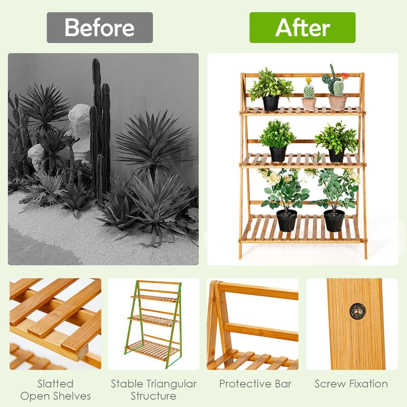 Costway 3 Tier Outdoor Bamboo Flower Pot Shelf Stand Folding Display