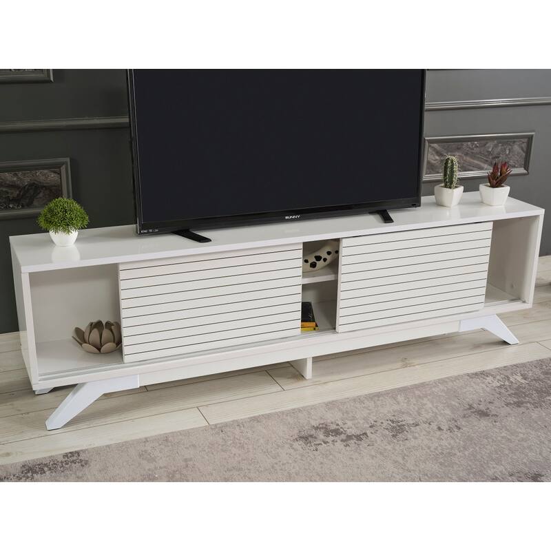 FurnisHome Store Luxia Mid Century Modern Tv Stand 2 Sliding Door Cabinet 2 Shelves 67 inch Tv Uni, White