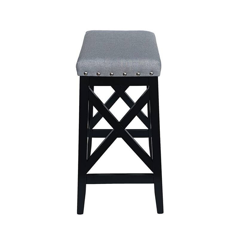 Nailhead Trim Bar Stool, X-Wooden Bar Chair Set, Fabric Upholstered Dining Chair, Backless Island Dining Chair (2-Pcs Set)