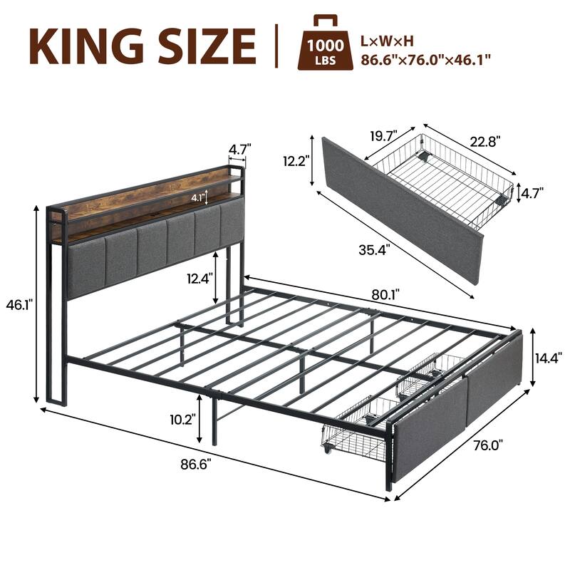 Bed Frame with Headboard and Storage Drawers