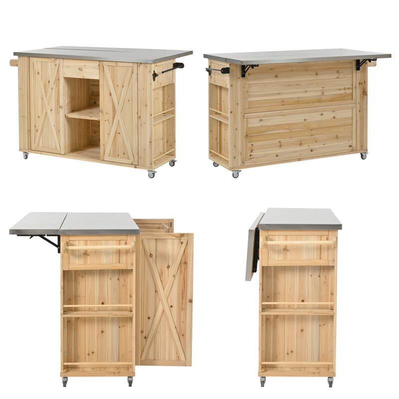 Outdoor Wood Kitchen Island w/ Stainless Steel Top,Towel,Bottle Opener