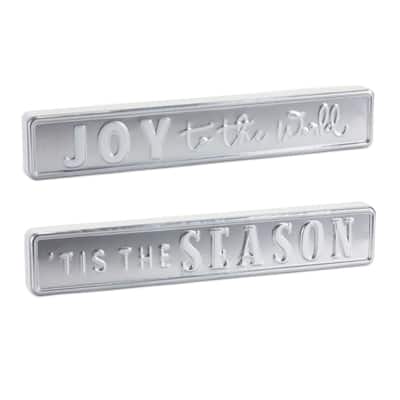 Set of 2 Silver Holiday Sentiment Signs with “Tis the Season” and “Joy to the World” for Indoor Decor - 12”L x 0.75”W x 2”H
