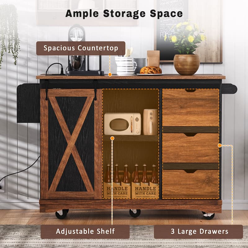 55.5" Farmhouse Kitchen Island with Drop Leaf, Kitchen Storage Island with Barn Door, Power Outlet