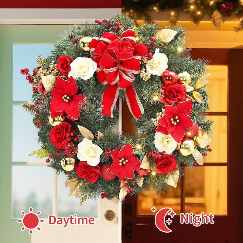 24 Inch Pre-Lit Front Door Christmas Wreath with Red Bow, Lights - N/A