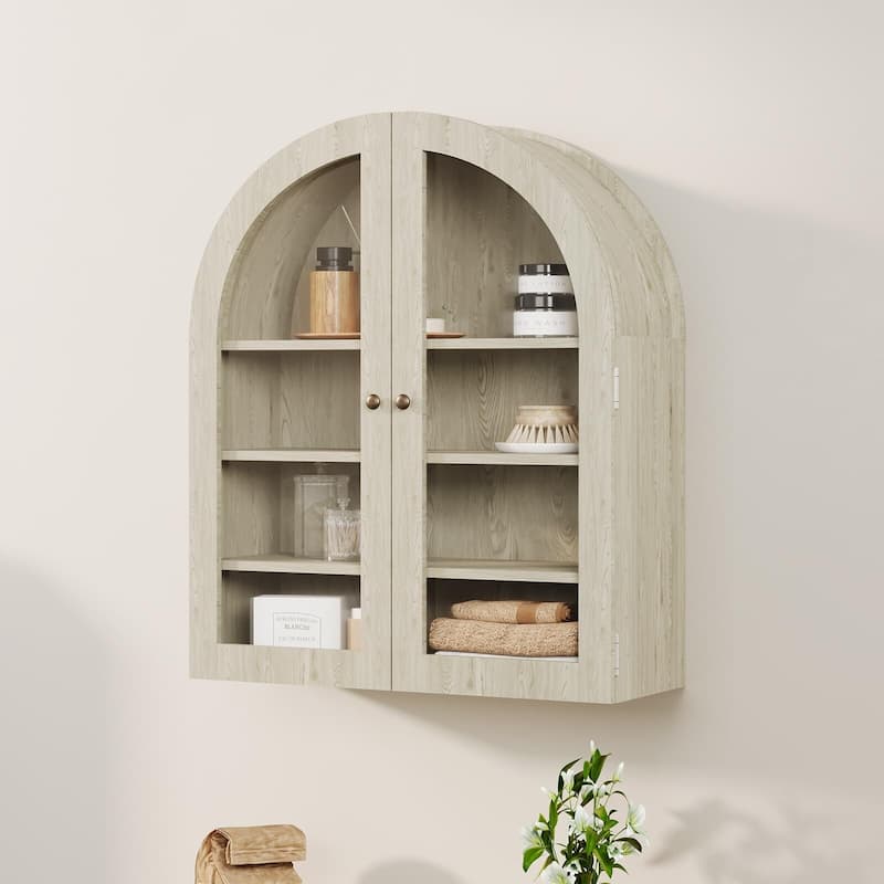 Arched Wall Cabinet, Small Wall-Mounted Bathroom Medicine Cabinet with Glass Doors & Adjustable Shelves - Yellow