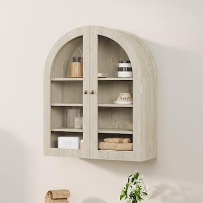 Arched Wall Cabinet, Small Wall-Mounted Bathroom Medicine Cabinet with Glass Doors & Adjustable Shelves