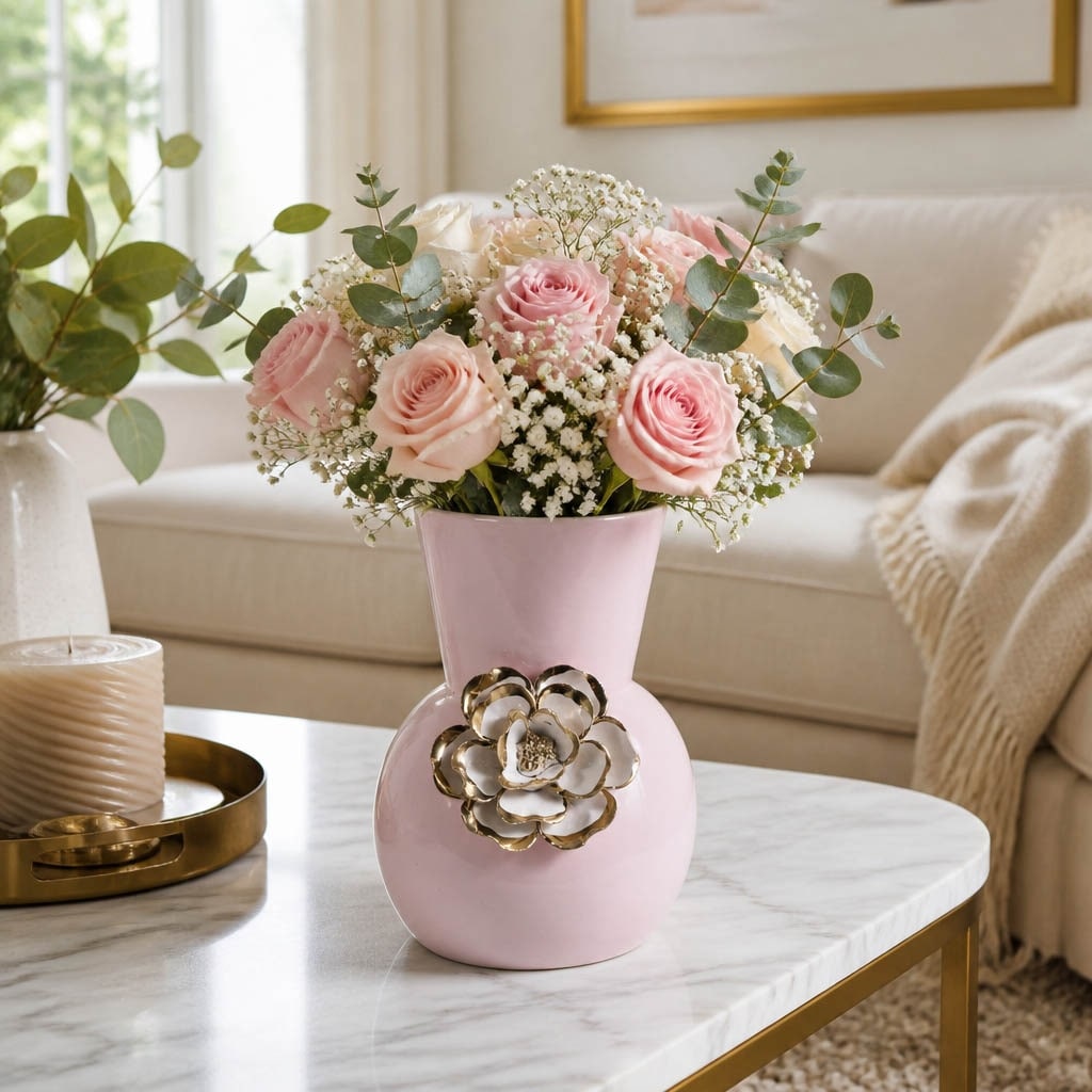 Decorative Round Applique Ceramic Flower Vase for Home Tabletop