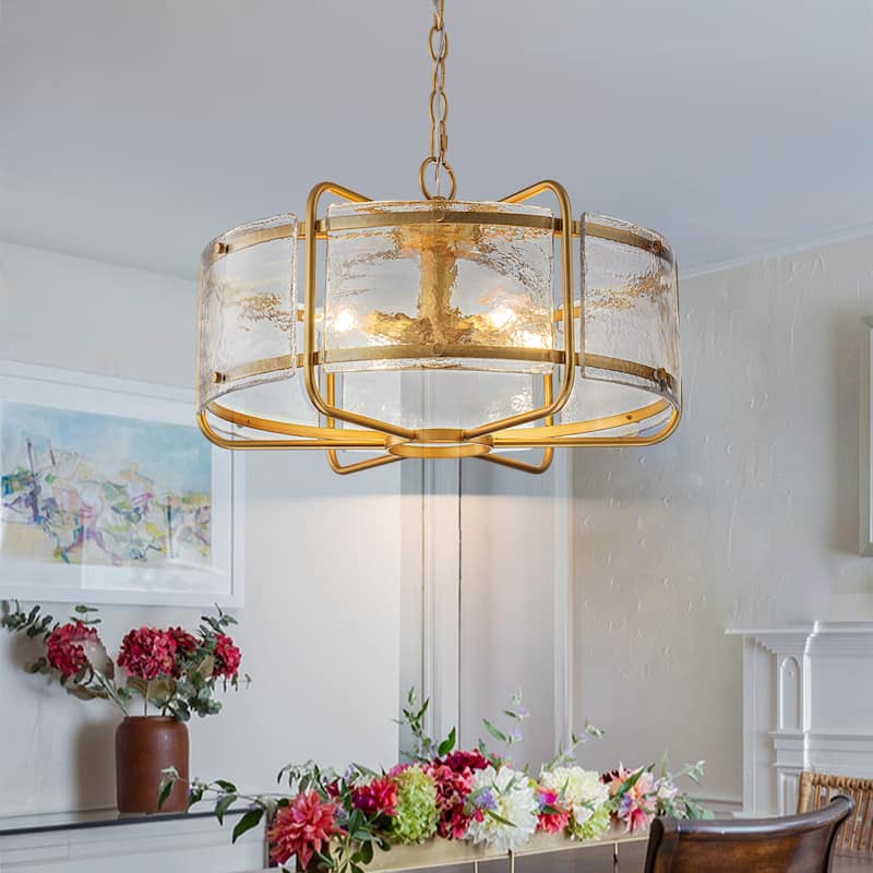 Modern 4-Light Hammered Glass Drum Chandelier Pendant Light - W17.91" - Gold