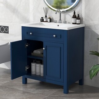 Merax 30 Inch Bathroom Vanity With Ceramic Sink - Navy Blue Solid Wood Cabinet, 2 Drawers + Tip-Out Drawer, Modern Single Sink Vanity