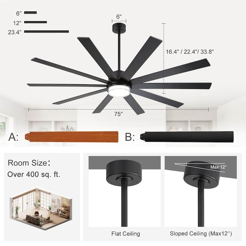 75"/80" Modern Matte Black Ceiling Fan with LED Light and Remote(8/10 Blades)