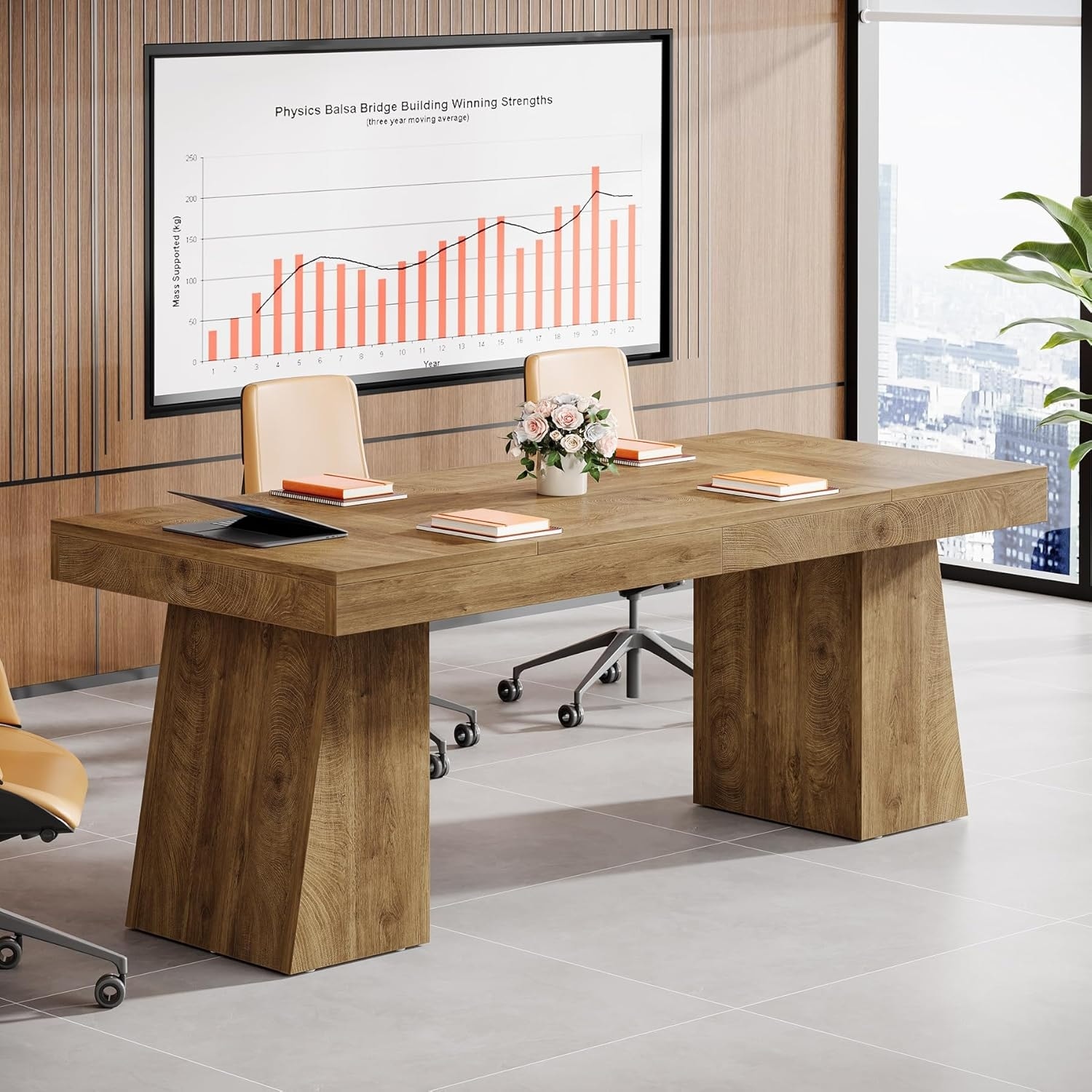 55.1-Inch Small Conference Table for 4, Meeting Table with Double Trapezoidal Legs