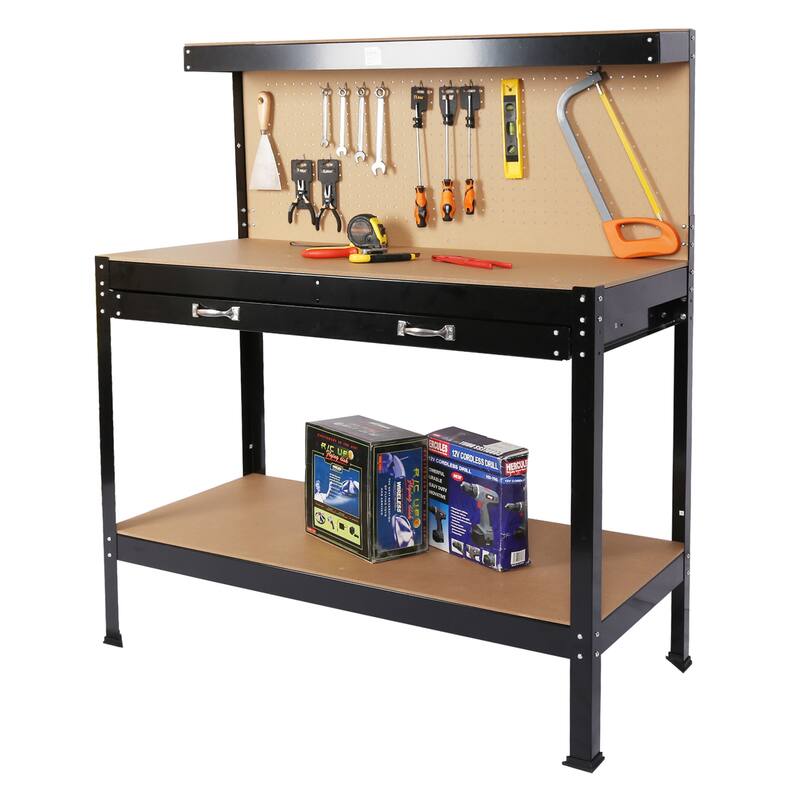 Steel Tool Storage Workbench, Hardwood Tools Table Workstation with Drawer, Peg Board for Workshop, Home - Black-48"