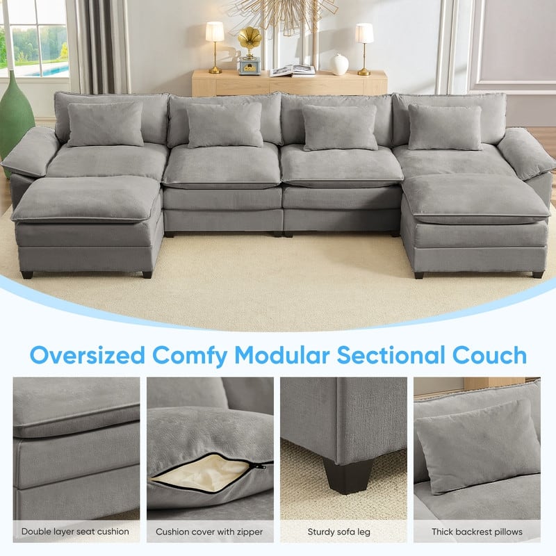 Modern 156''Oversized U-Shaped Modular Sectional Sofa with 2 Ottomans,6-Seat Cloud Couch,Chenille Sofa Sleeper Deep Seat Couches