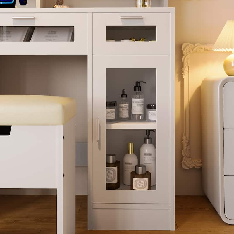 41" LED Makeup Vanity with Sliding Mirror - Dressing Table with 3 Drawers, 2 RGB Cabinets & Charging Station, Open Shelves