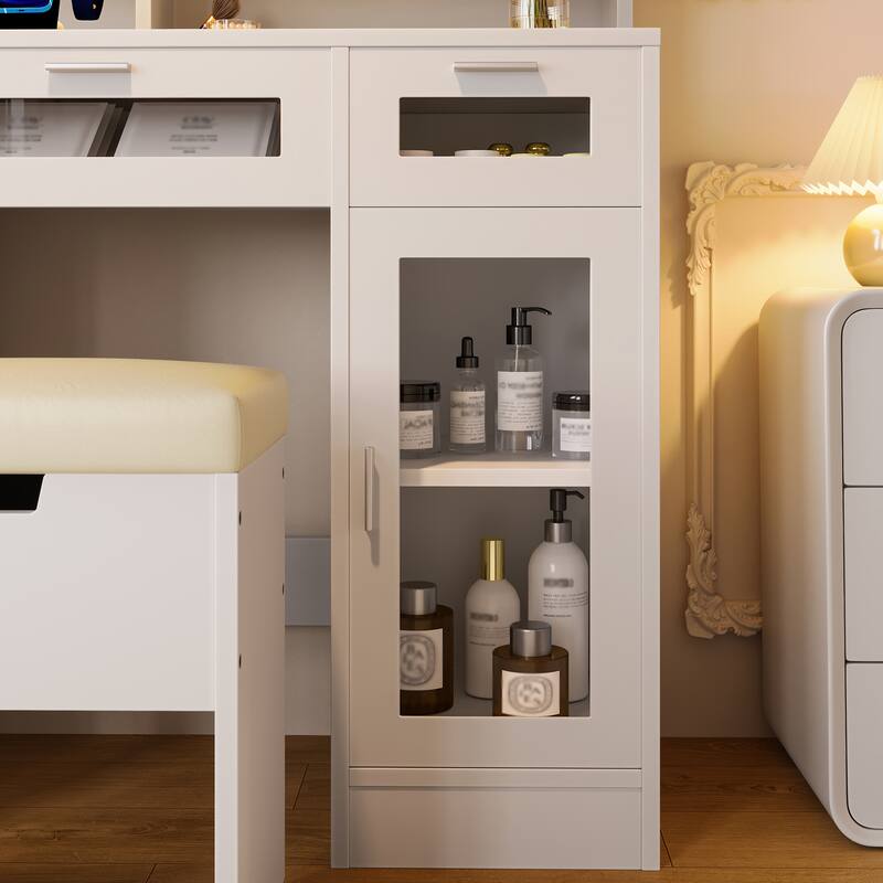 41.3" Makeup Vanity with Sliding Mirror and LED Lights, Dressing Table with Storage Stool, 3 Drawers and 2 RGB Cabinets