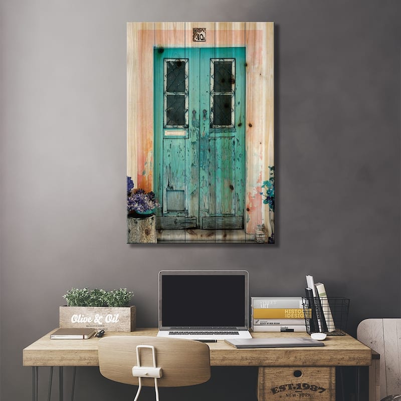 Old Turquoise Door Print On Wood by Philippe Hugonnard - Multi-Color
