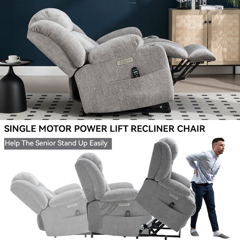 Chenille Power Lift Recliner wMassage, Heat, USB, Type-C, Cup Holders
